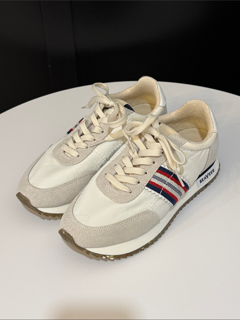 SeaVees Cream Retro Runner Sneakers with Red & Navy Stripes